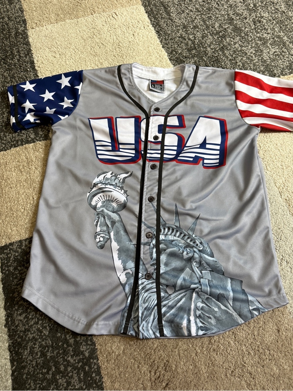 Greater Half USA Men’s Baseball Jersey with USA/Trump/Statue of Liberty- Large